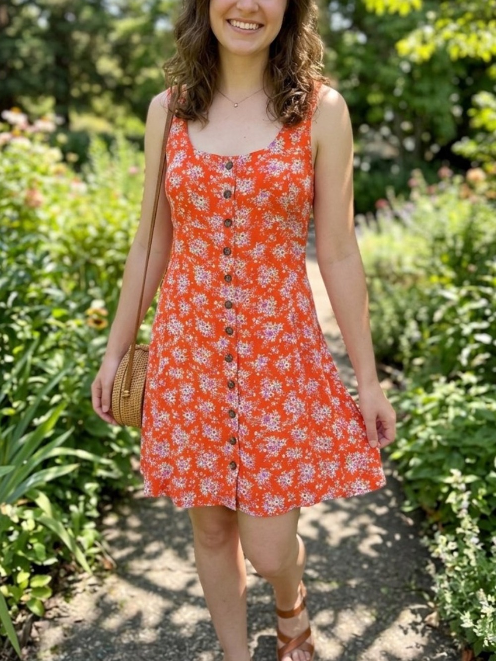 American Eagle Cottagecore Orange Floral Button-Front Mini Skater Dress Tie Back